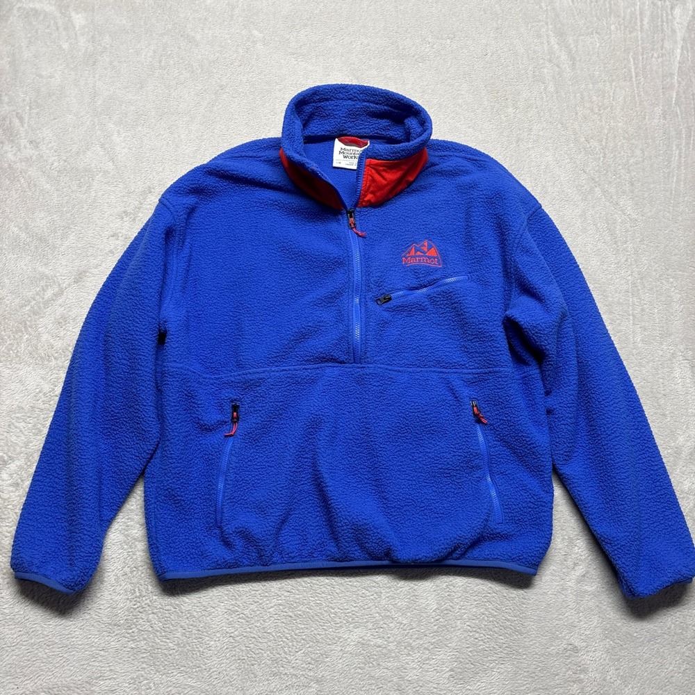 Marmot 94 E.C.O Fleece Sweater Mens Large M14196 Blue Pullover 1/2 Zip EUC Retro